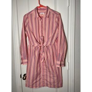 Calvin Klein Striped Shirt Dress Tie Waist Long Sleeve Pink Casual